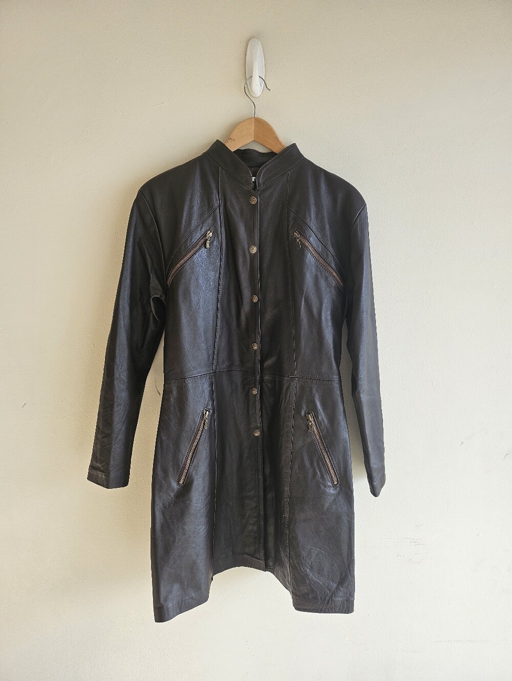 Vintage Leather Womens Long Trench Jacket Made In Mexico Large